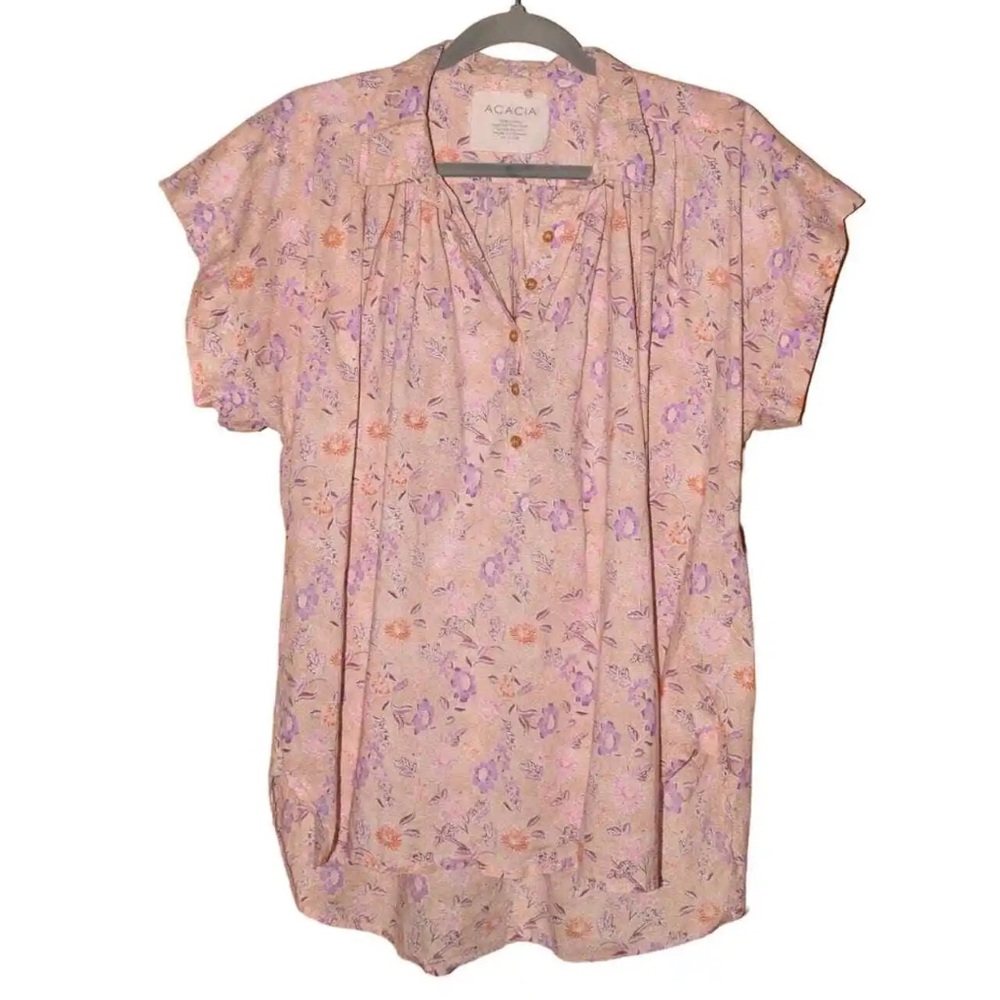 ACACIA SWIMWEAR - Collared Cotton Popover Tunic Top in Dahlia Print Large